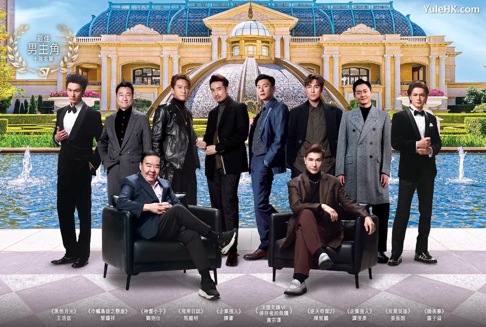 最佳男主角十强：（前排左起）《神耆小子》郑则仕、《逆天奇案2》陈展鹏、（后排左起）《黑色月光》王浩信、《巾帼枭雄之悬崖》黎耀祥、《飞常日志》马国明、《企业强人》陈豪、《法证先锋VI：倖存者的救赎》黄宗泽、《企业强人》谭俊彦、《反黑英雄》张振朗、《婚后事》罗子溢